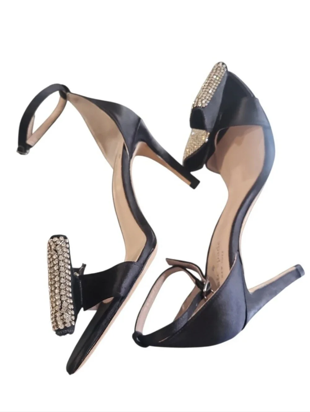Kate Spade New York Gweneth Black Satin Rhinestone Crystal Bow Heels Sandal Sz 7